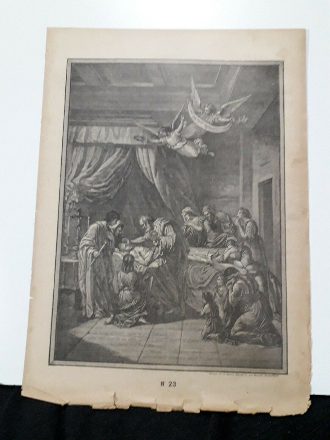 Old religious engraving early 1900 sick  with apostle  maison de la bonne N23