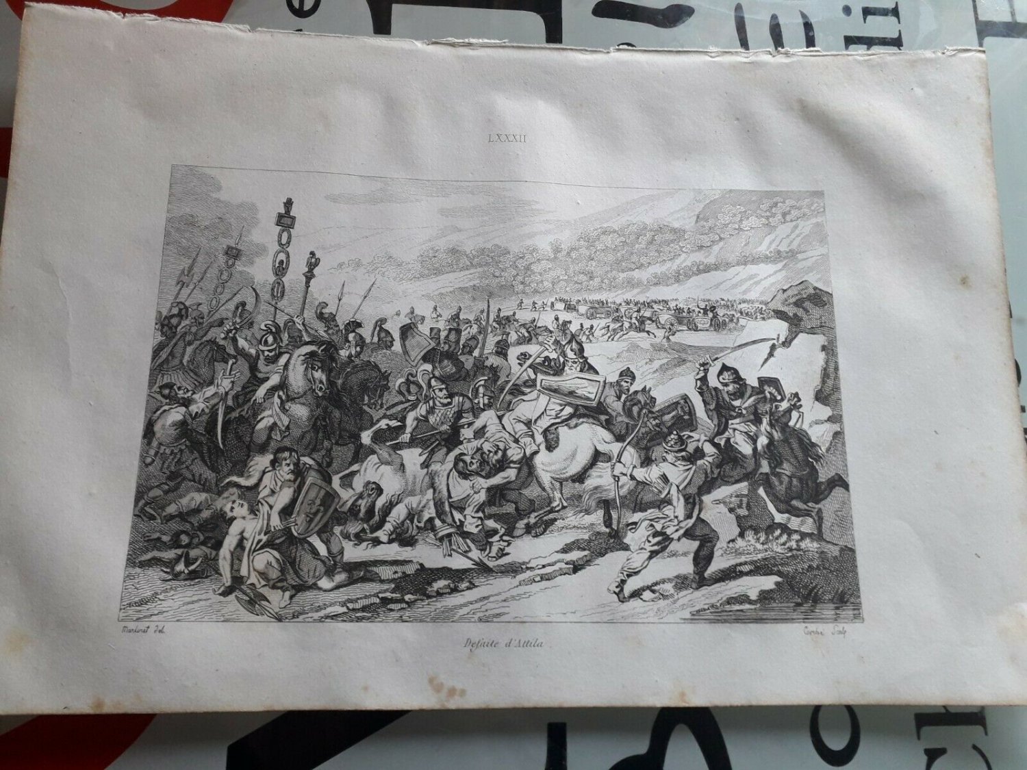 old engraving print 1836   Defaite d&Atilde;&iexcl;ttila   Defaite of Atilla