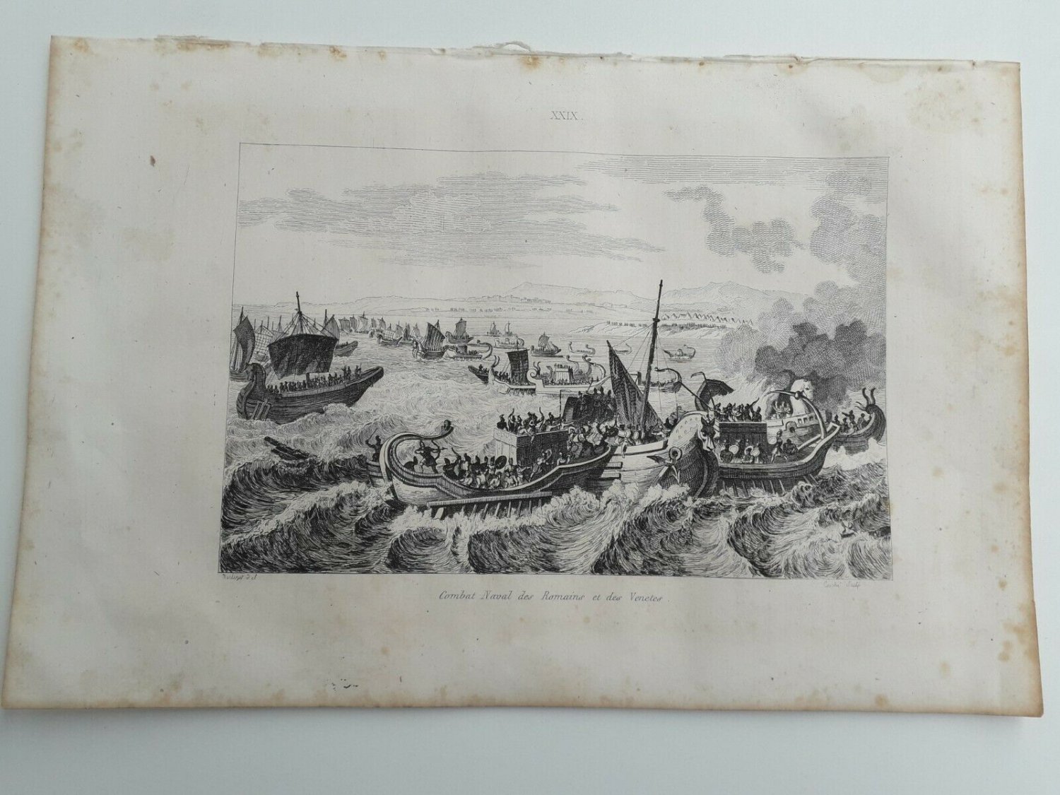 old engraving print - 1836 naval combat of Romans and Venetes