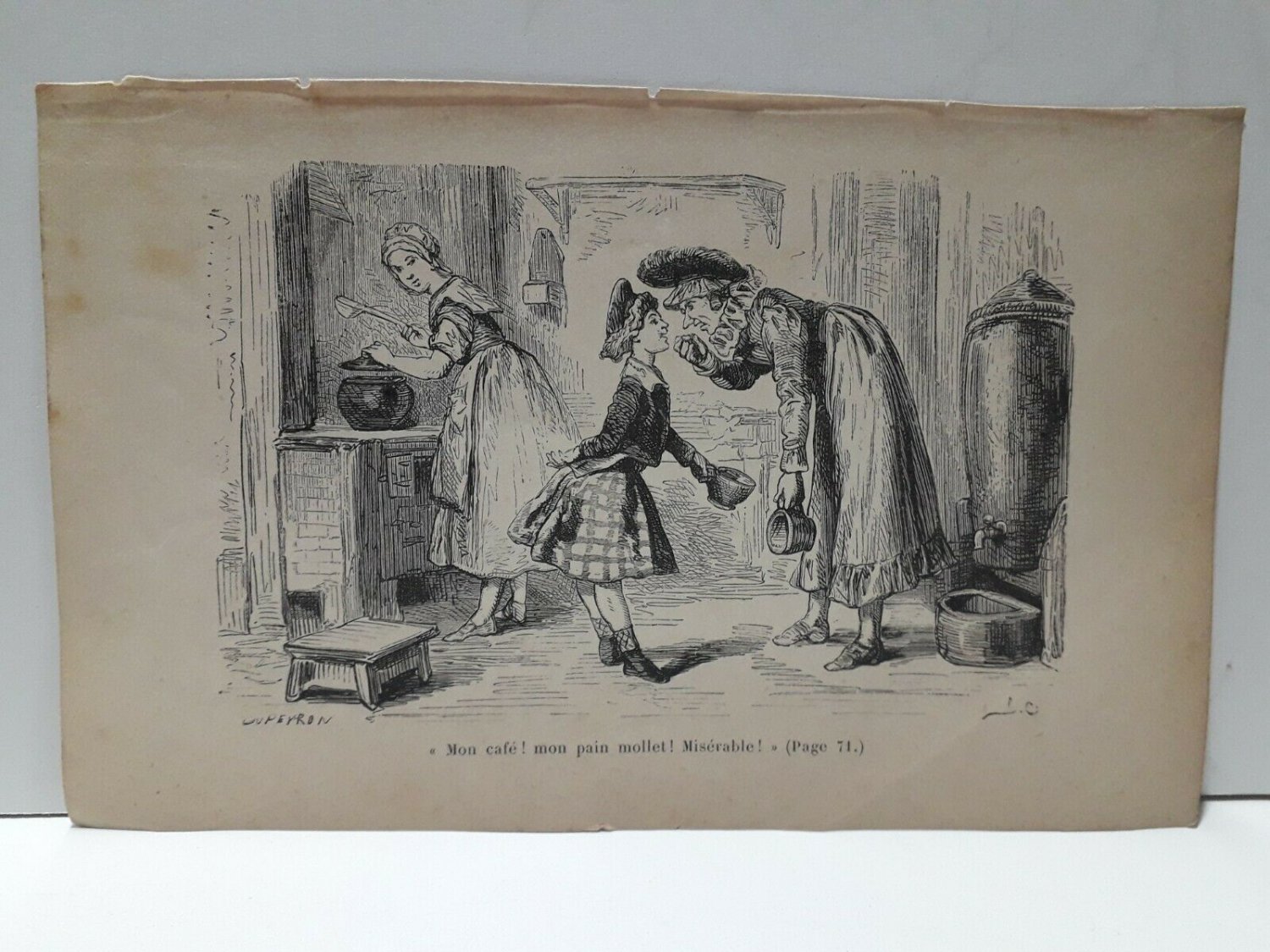 old engraving print extracted book 1893 Le Bon Petit Diable,mon cafe mon pain...