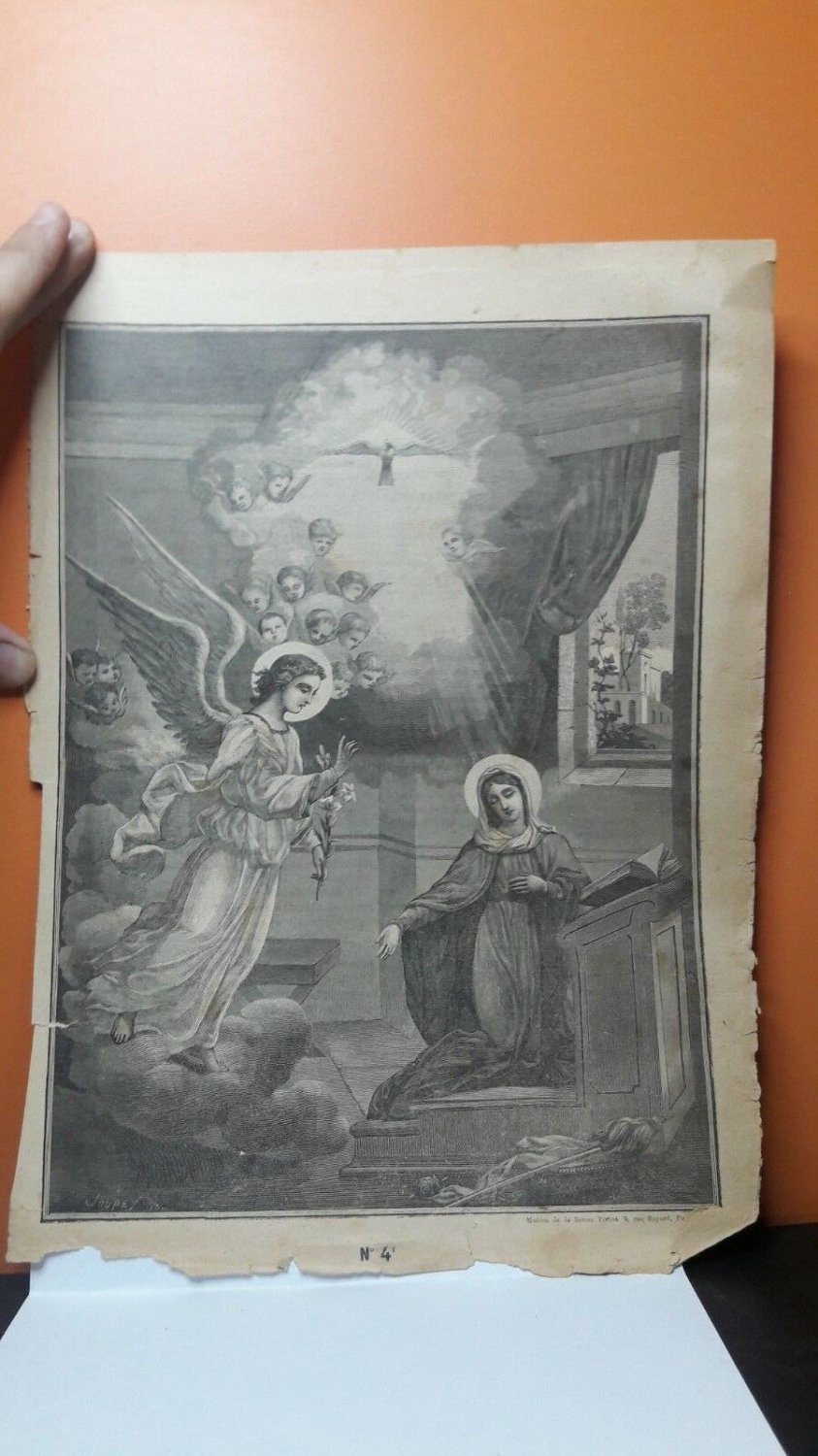 Old religious engraving early 1900 - virgin with holy spirit  A. Soupey N 4