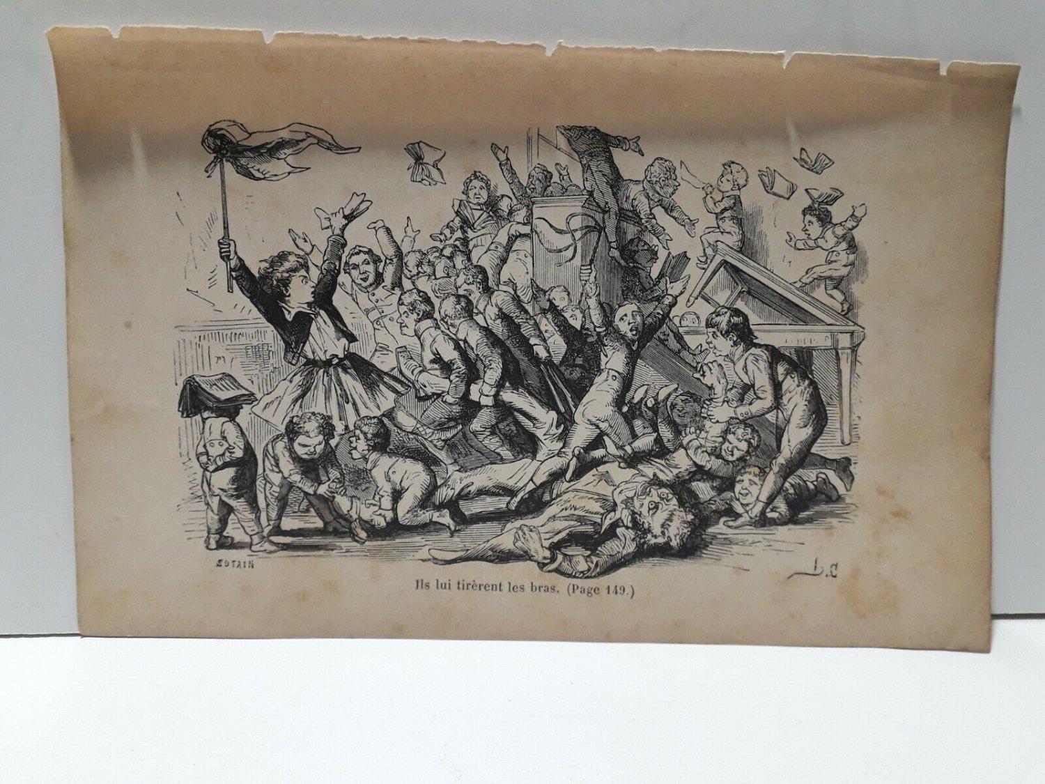 old engraving print extracted book 1893 Le Bon Petit Diable,ils lui tirerent...