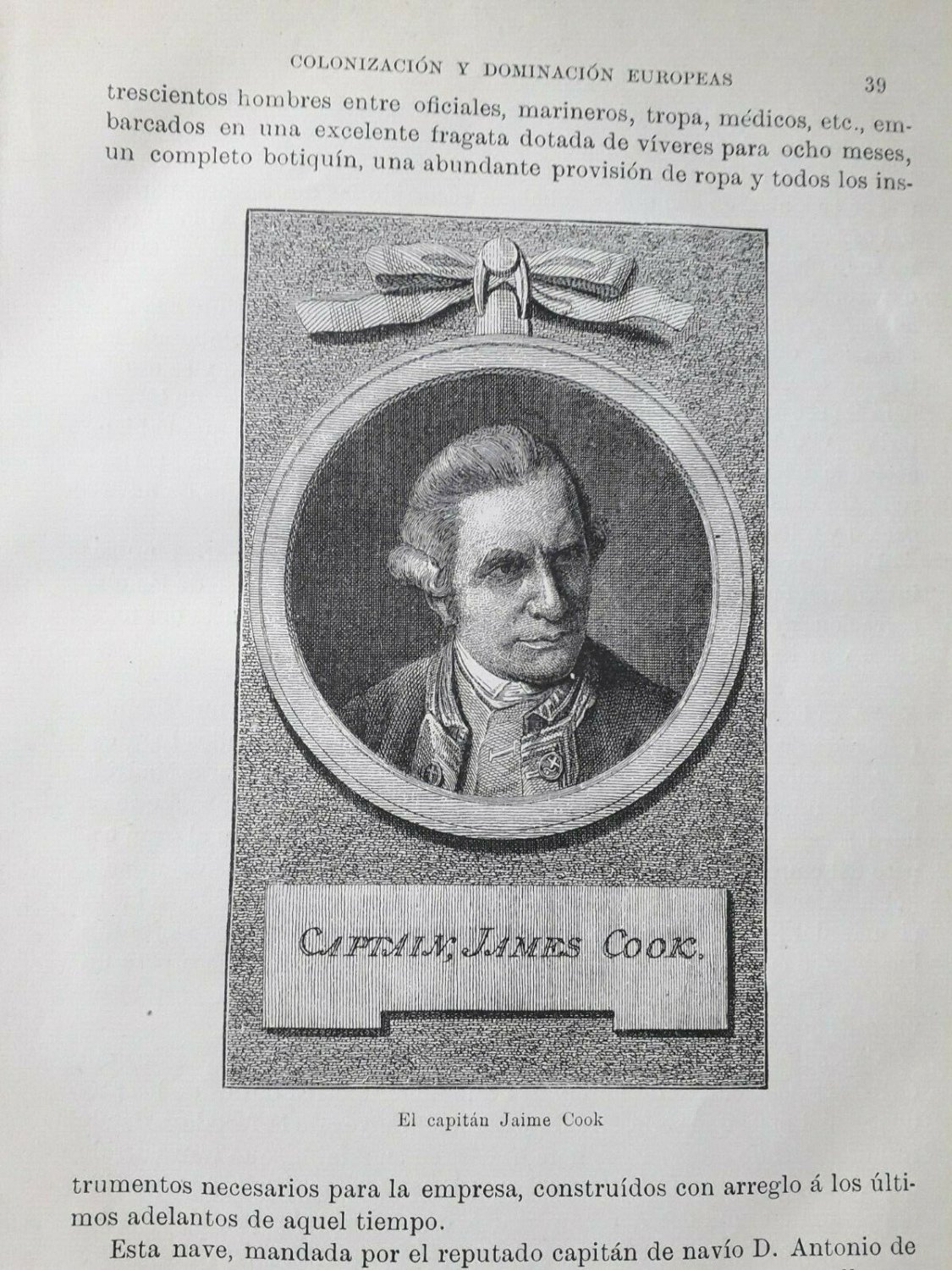 old engraving print Captain James Cook  , extracted book of 1895