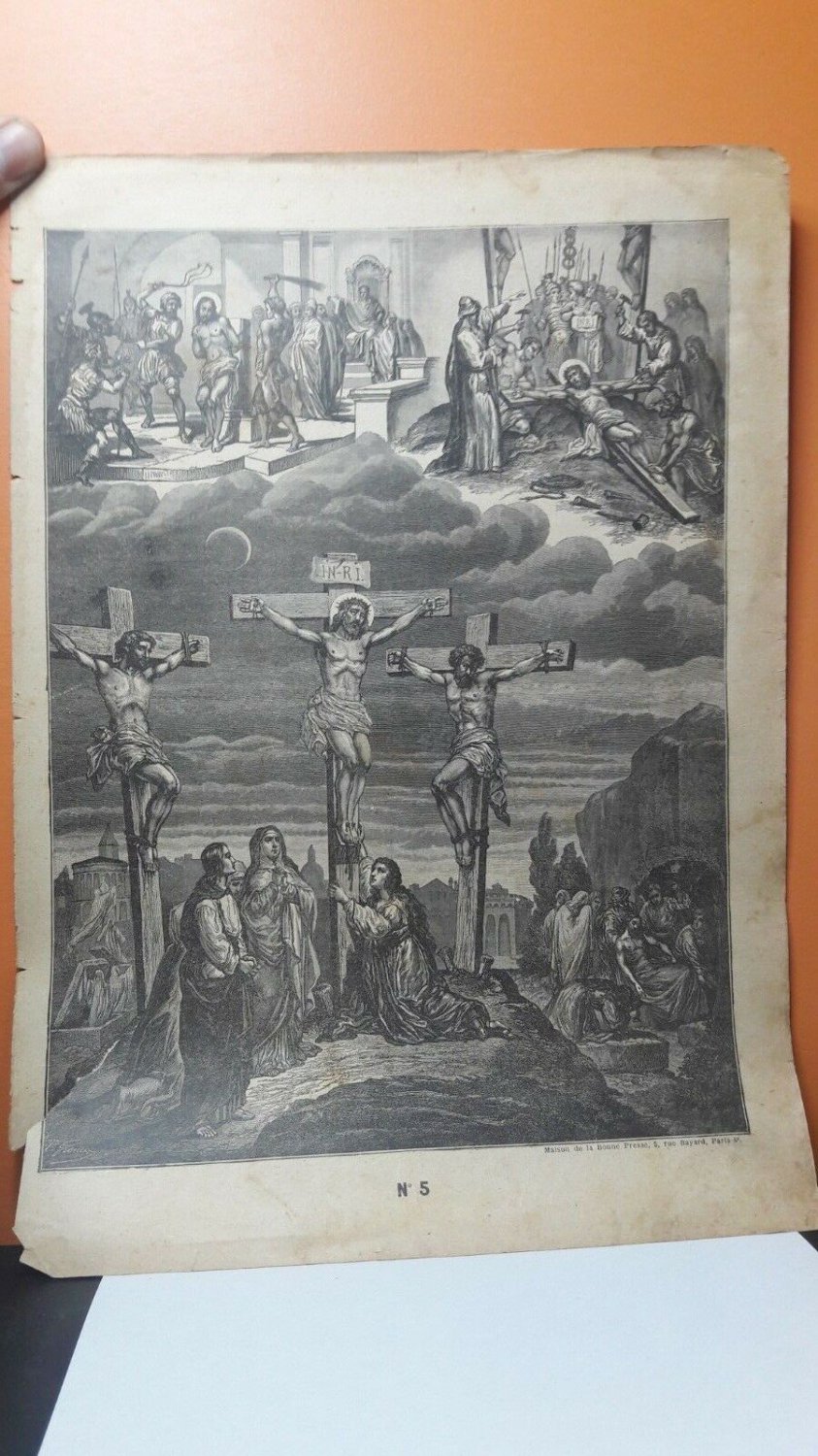 Old religious engraving early 1900 Jesus christ crucified maison de la bonne N 5