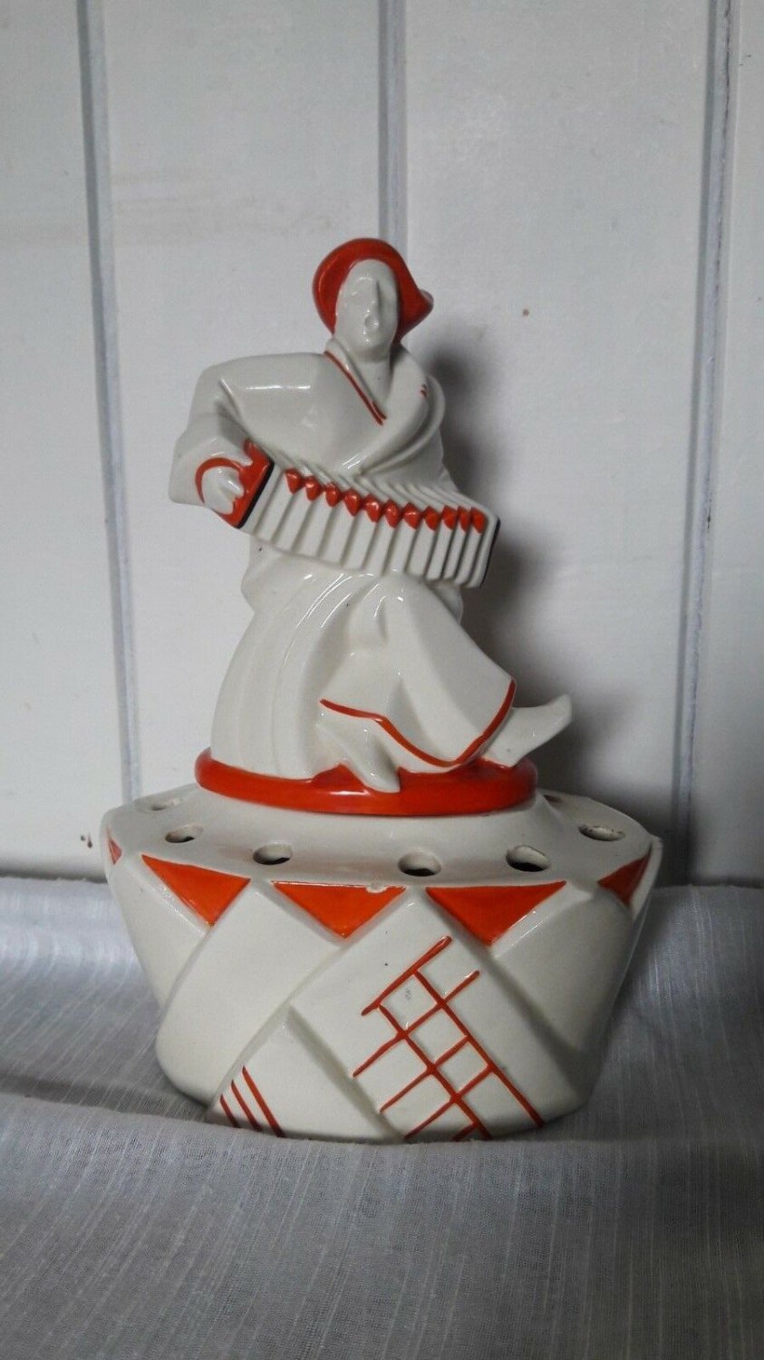 art deco figure for flowers, ceramic in beige and orange colors
