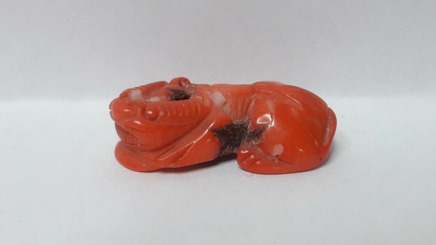 old Chinese Carved salmon pink coral  miniature chan chu  netsuke (pendant)