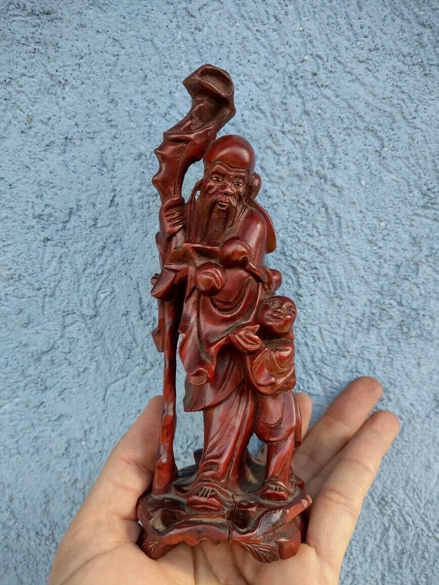 old Chinese Wood Carving Guindo Elderly Man With Child Check Stock