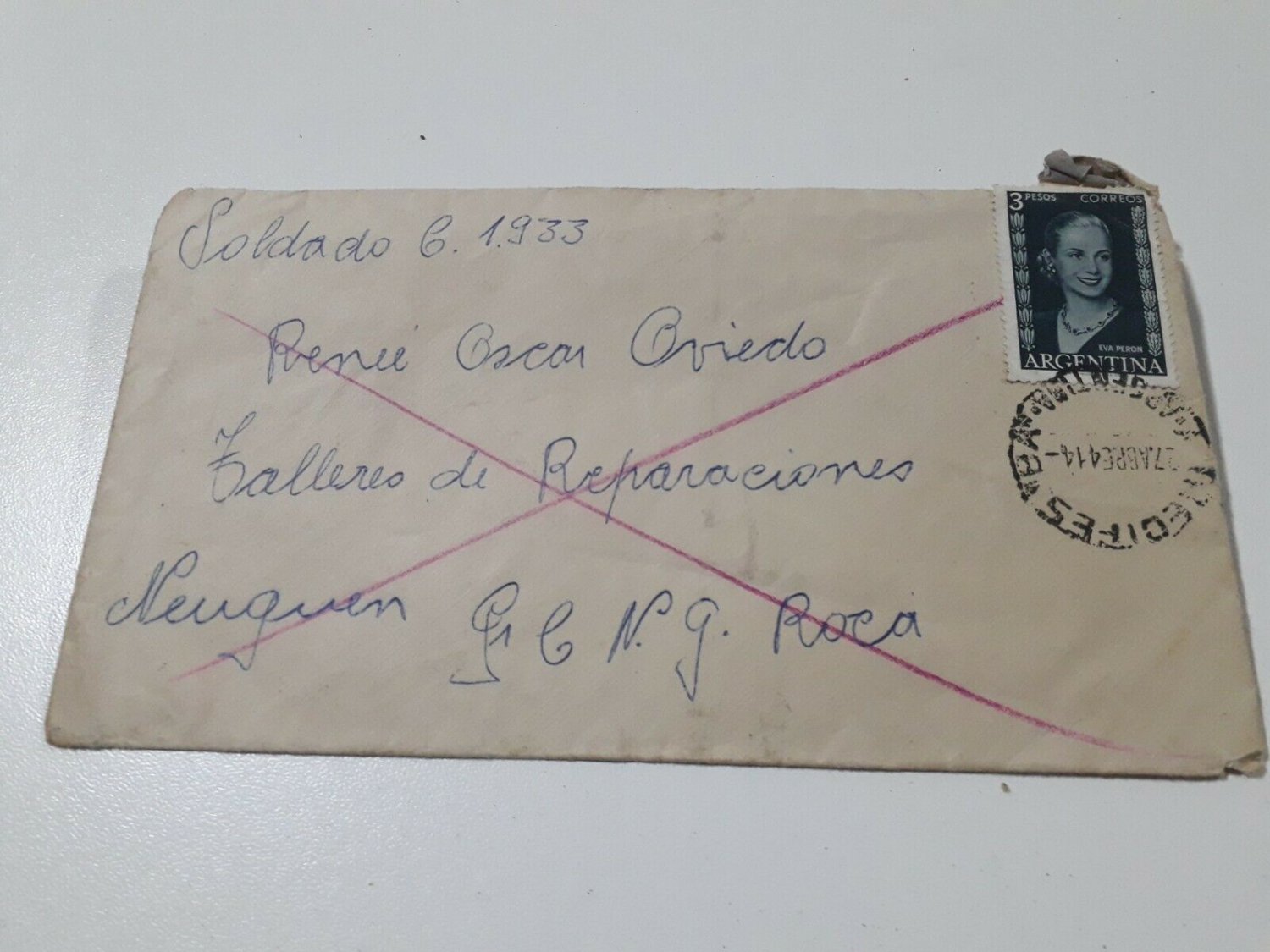 old letter with eva peron stamp  soldier 1933 Roca Railway