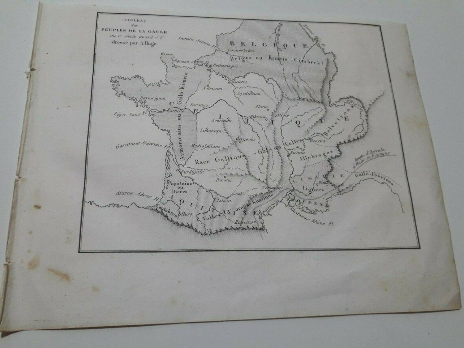 old engraving print 1836  peuple Gaule map