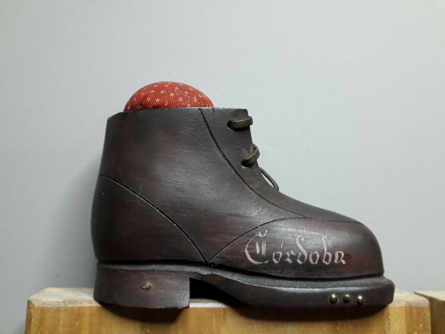old carved wooden pin holder, shoe shape -Argentina