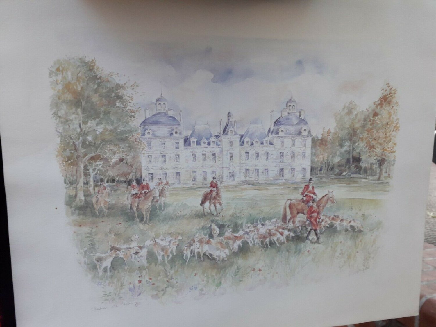 French watercolours on paper  original signed LEGAI hunters chateau de cheverny