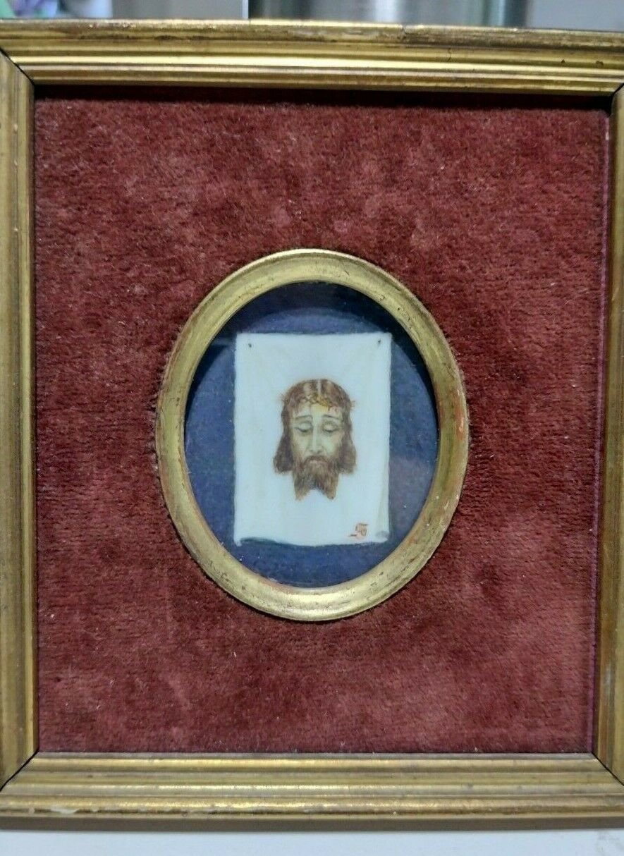 Antique portrait Miniature hand painted. frame  Jesus Christ  signed initials