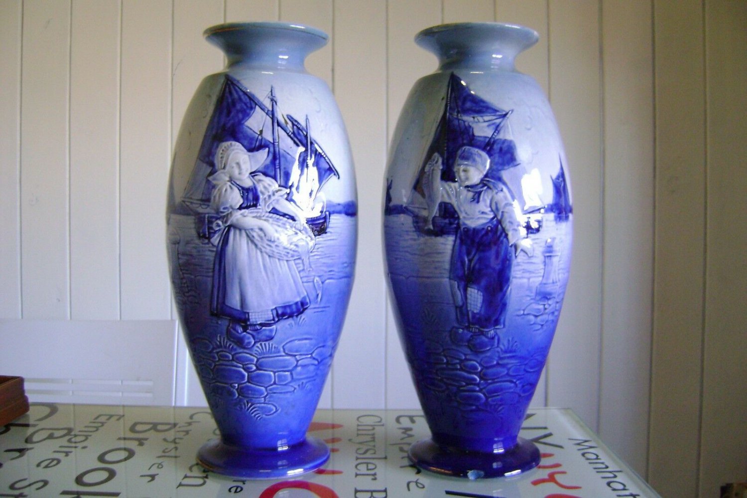 Blue ceramic vases pair Dutch figures