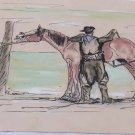 vintage ink  drawing , Gaucho with horse   by  D. Leonardis Argentina