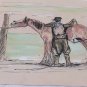 vintage ink  drawing , Gaucho with horse   by  D. Leonardis Argentina