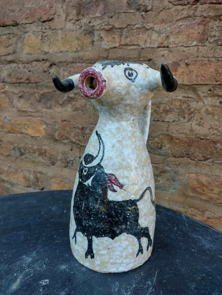 old ceramic pottery  jug  picasso bull. signed Sanguino, Spain
