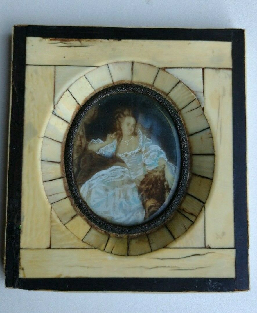 Antique portrait Miniature hand painted. frame details, , crackle details
