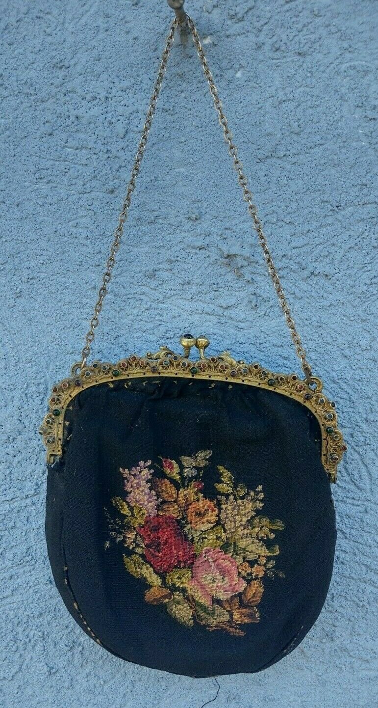 Antique small black petit handbags point needlepoint floral Bronze frame