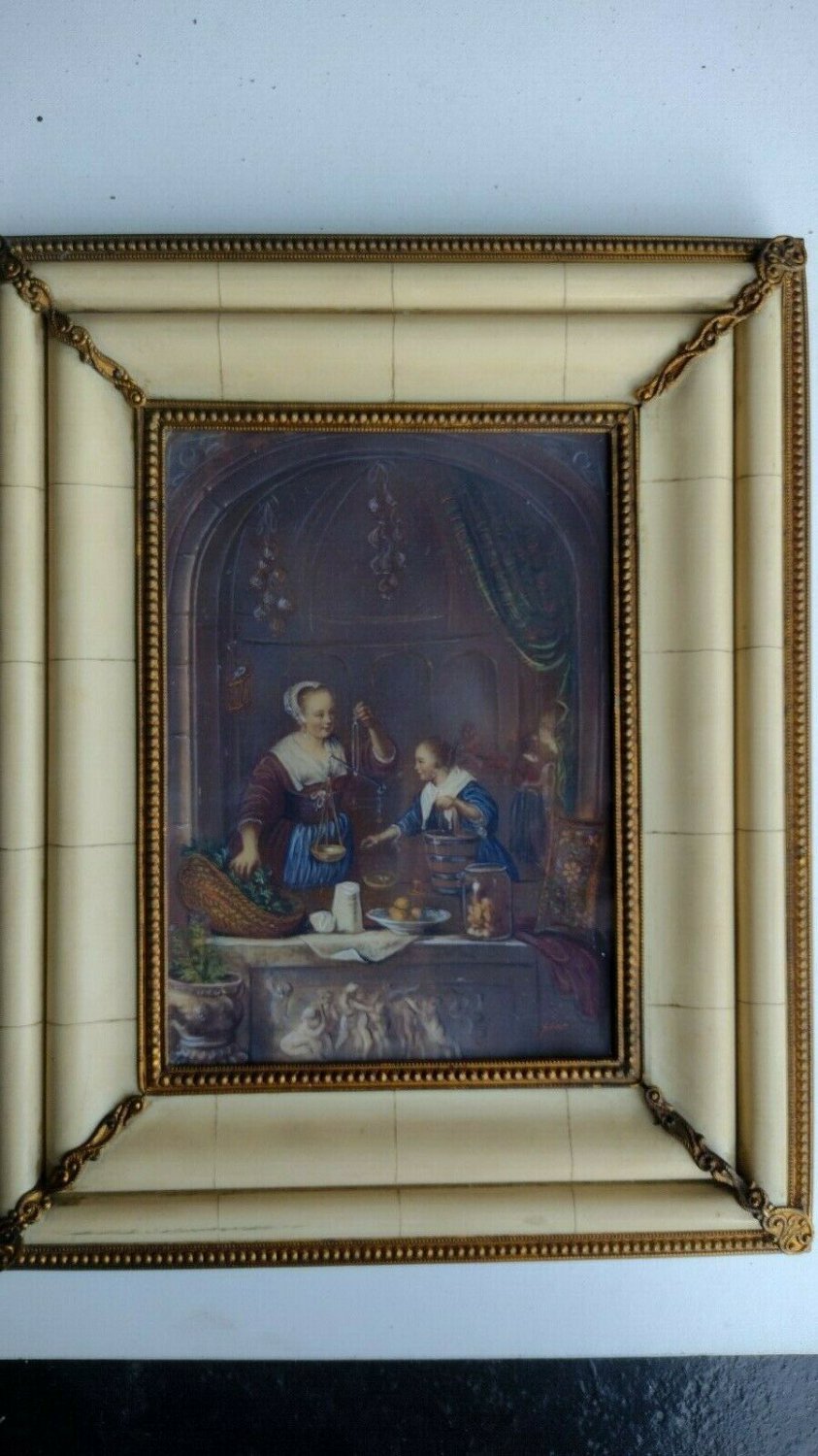 miniature old romantic scene painted on celluloid signed Silver with nice frame
