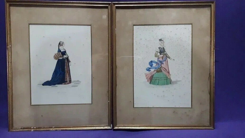 old Pair hand-colored engravings   antique ladies 16th century