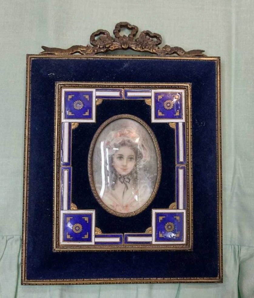 Antique portrait Miniature hand painted.with  frame and blue enamel.