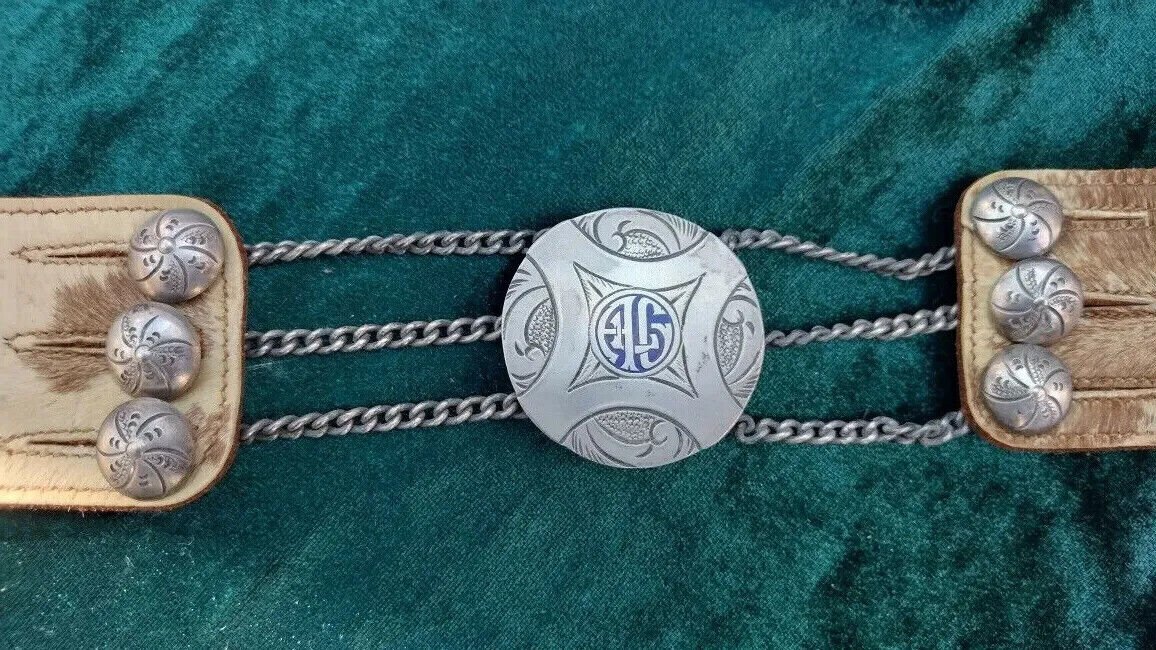 old belt, buckle, 800 silver drag with  enamel.Gaucho ,  lady model, cowhide