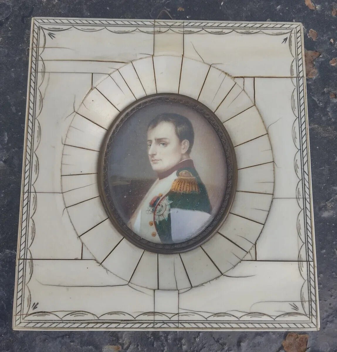 Antique portrait Miniature hand painted framed . Napoleon