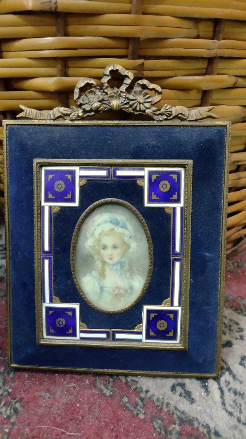 Antique old  hand painted lady portrait .with  frame and blue enamel