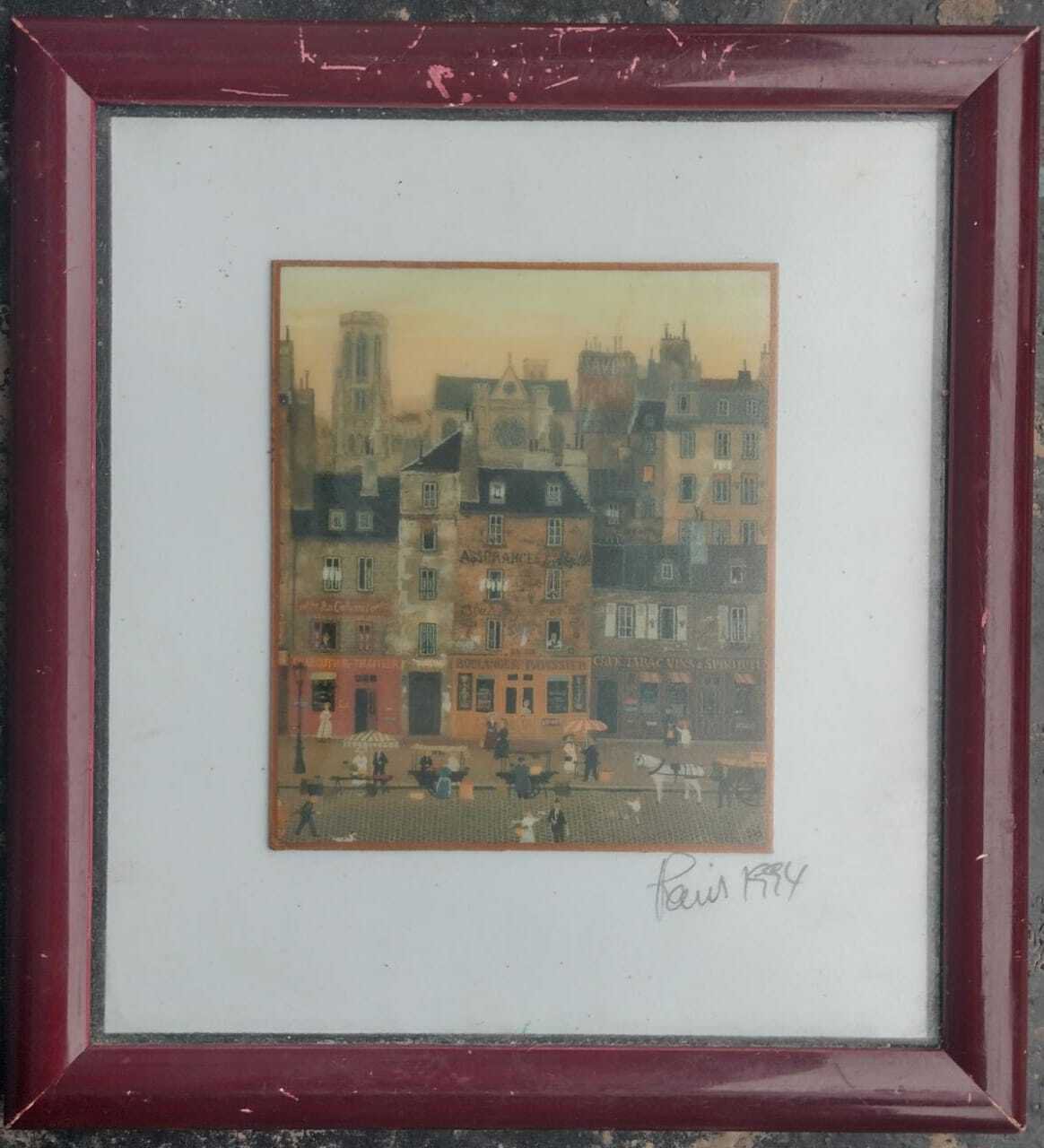 old framed miniature print Michel Delacroix 1994 Cafe Tabac .vins