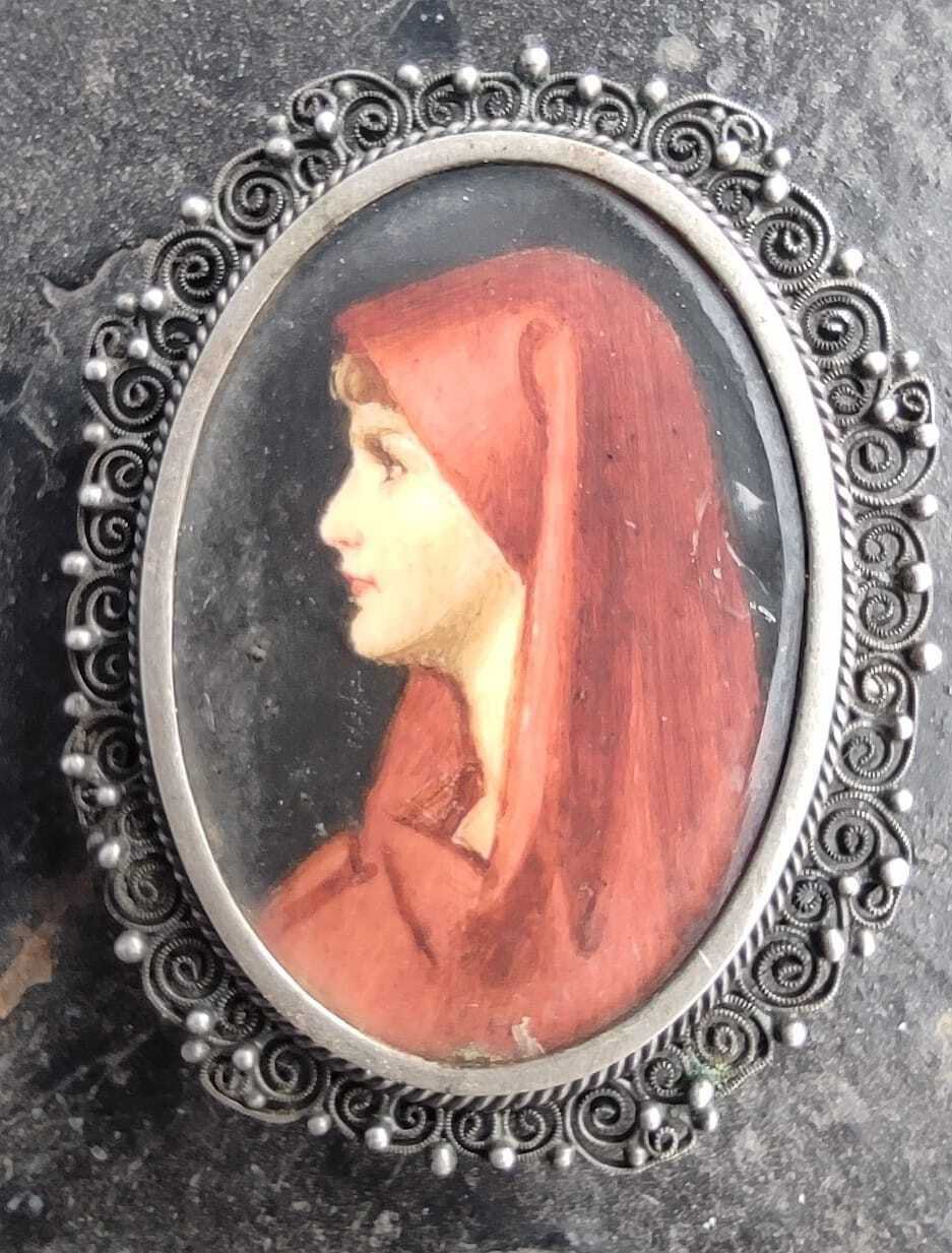 old Vintage Hand Painted 800 Silver Pin Brooch Pendant St. Fabiola filigree