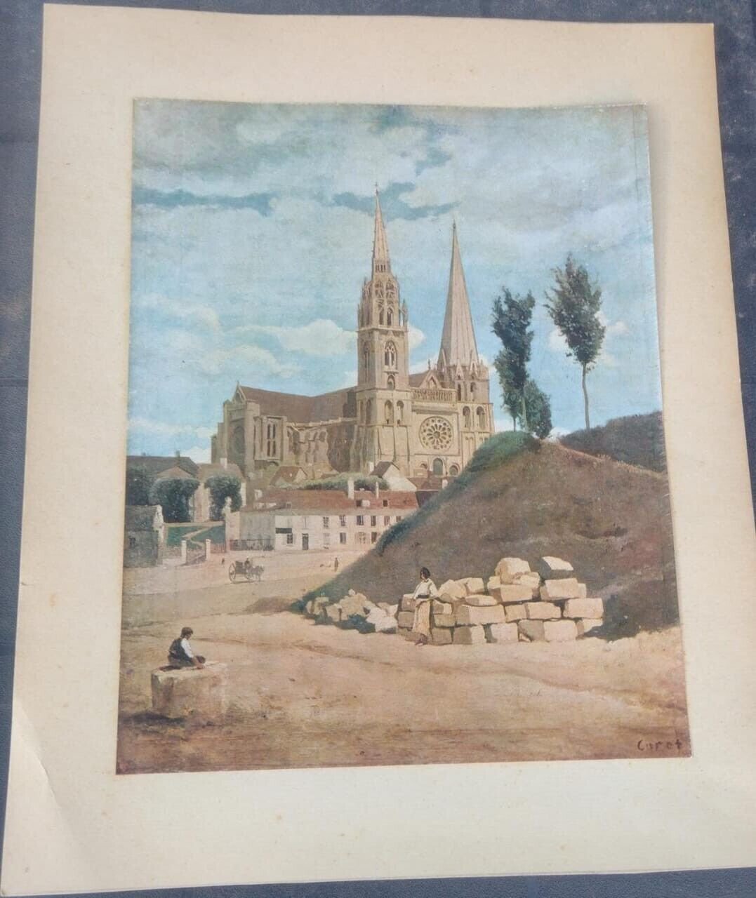 old print poster Jean B. Corot  La cathedralede chartes