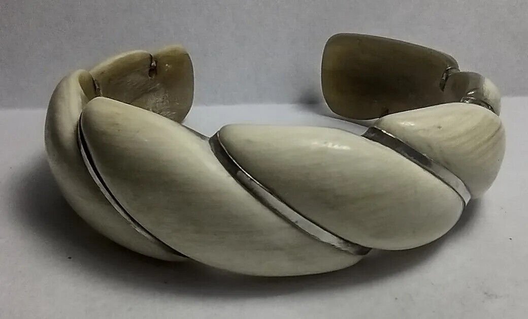 Carved Bull Horn Bracelet With Silver argentina beige colors Consult Stock
