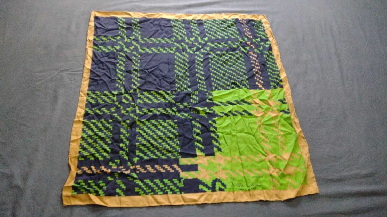 old vintage large silk scarf Pierre cardin Paris Bs As blue, green beige