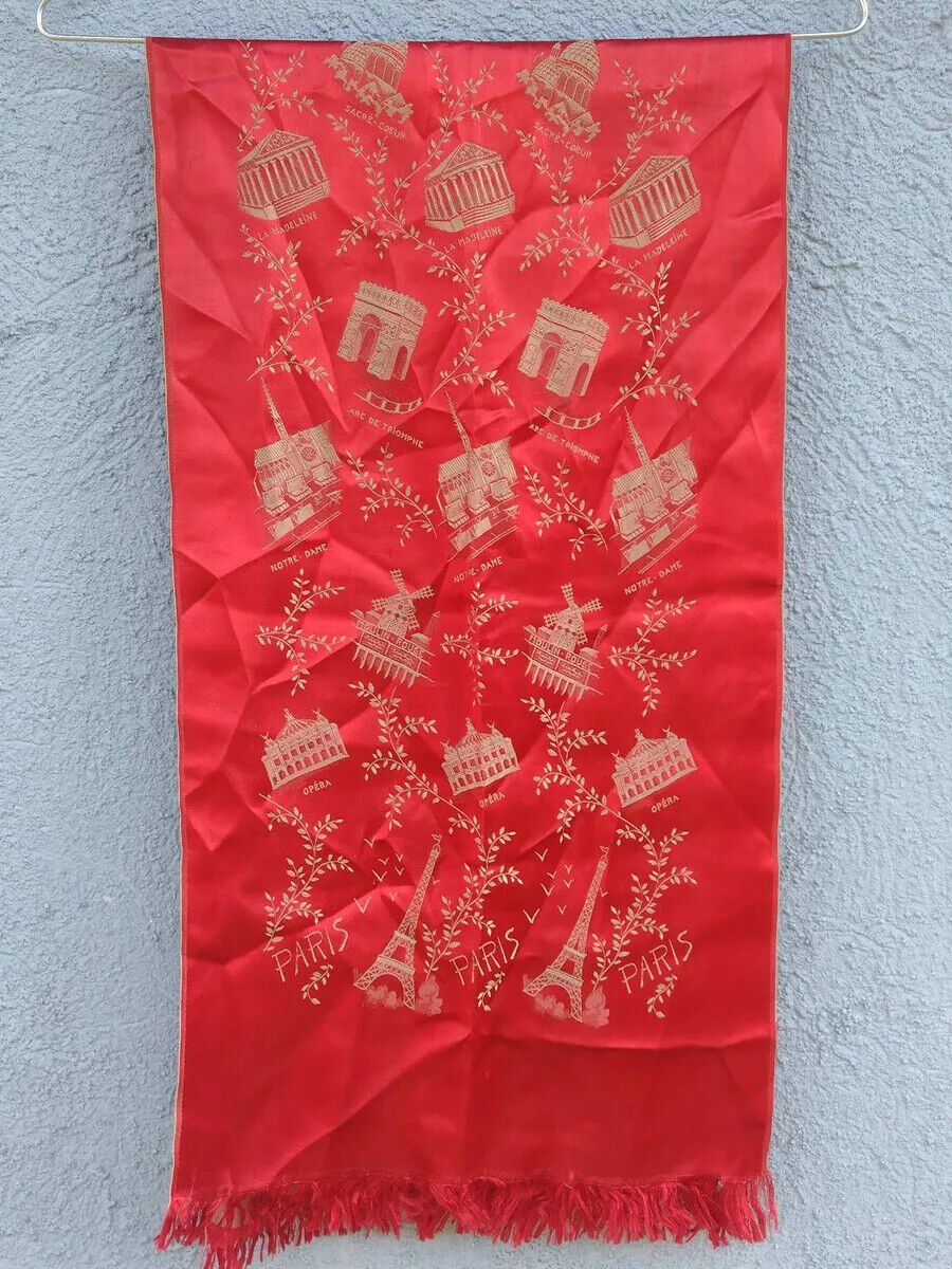 old red French silk scarf with embroidery of tourist places