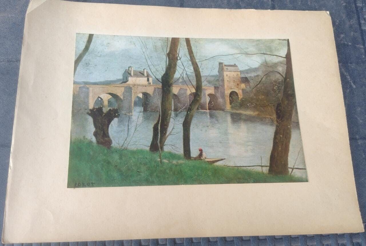 old print poster Jean B. Camille Corot  Le pont de Mantes