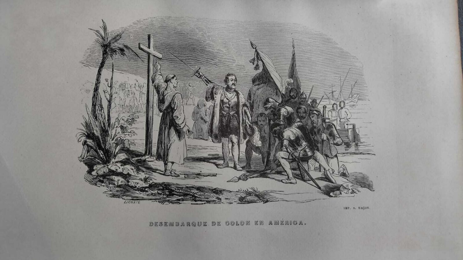 engraving Desembarque de Colon a America Lacoste  Imp S.Racon