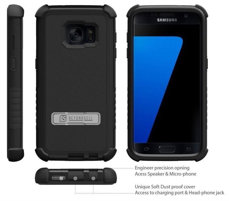 BLACK TRI-SHIELD RUGGED STAND CASE + BELT CLIP HOLSTER FOR SAMSUNG GALAXY S7