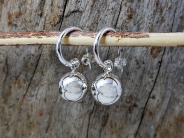 Sterling Silver Ball Charm Drop Hoop Earrings - 12mm