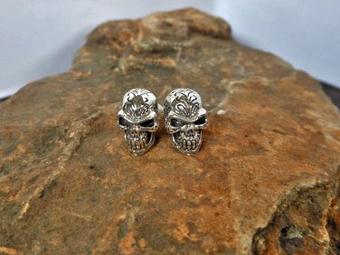 Silver Halloween Earrings, Textured Skull Stud Earrings