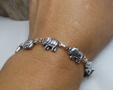 3D Baby Elephants Bracelet, 925 Sterling Silver, Elephants Link Bracelet