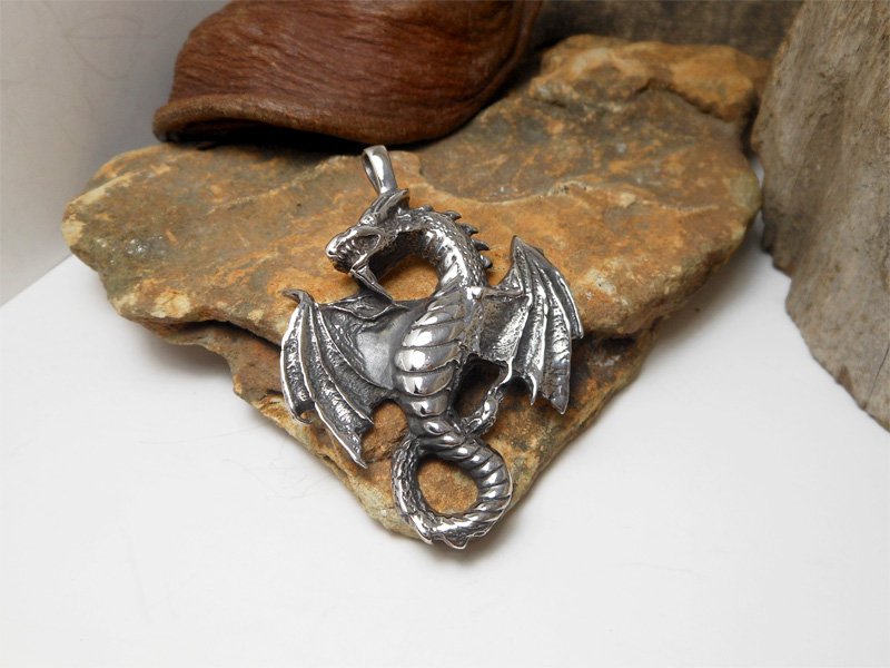 Silver Dragon Pendant, 925 Sterling Silver, Handmade Pendant, Dragon Charm 52mm, Animal Charm