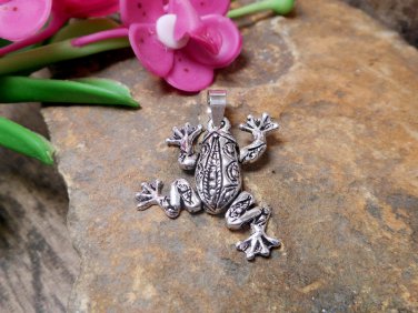 Handcraft Sterling Silver Black Jumping Frog Charm With Pattern, Frog Pendant
