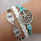 owls bracelet,wish tree bracelet,Tree of Life bracelet,charm bracelet,cute owls,braid leather
