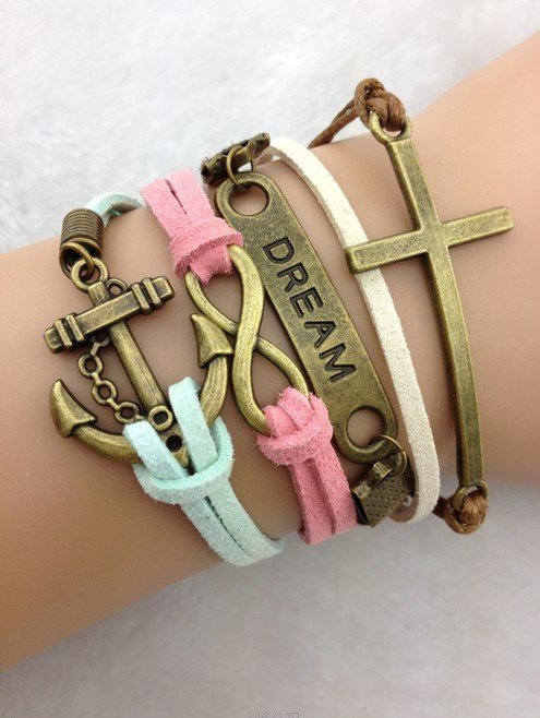 Cross, Dream, Infinity and Anchor Charm Bracelet in Bronze