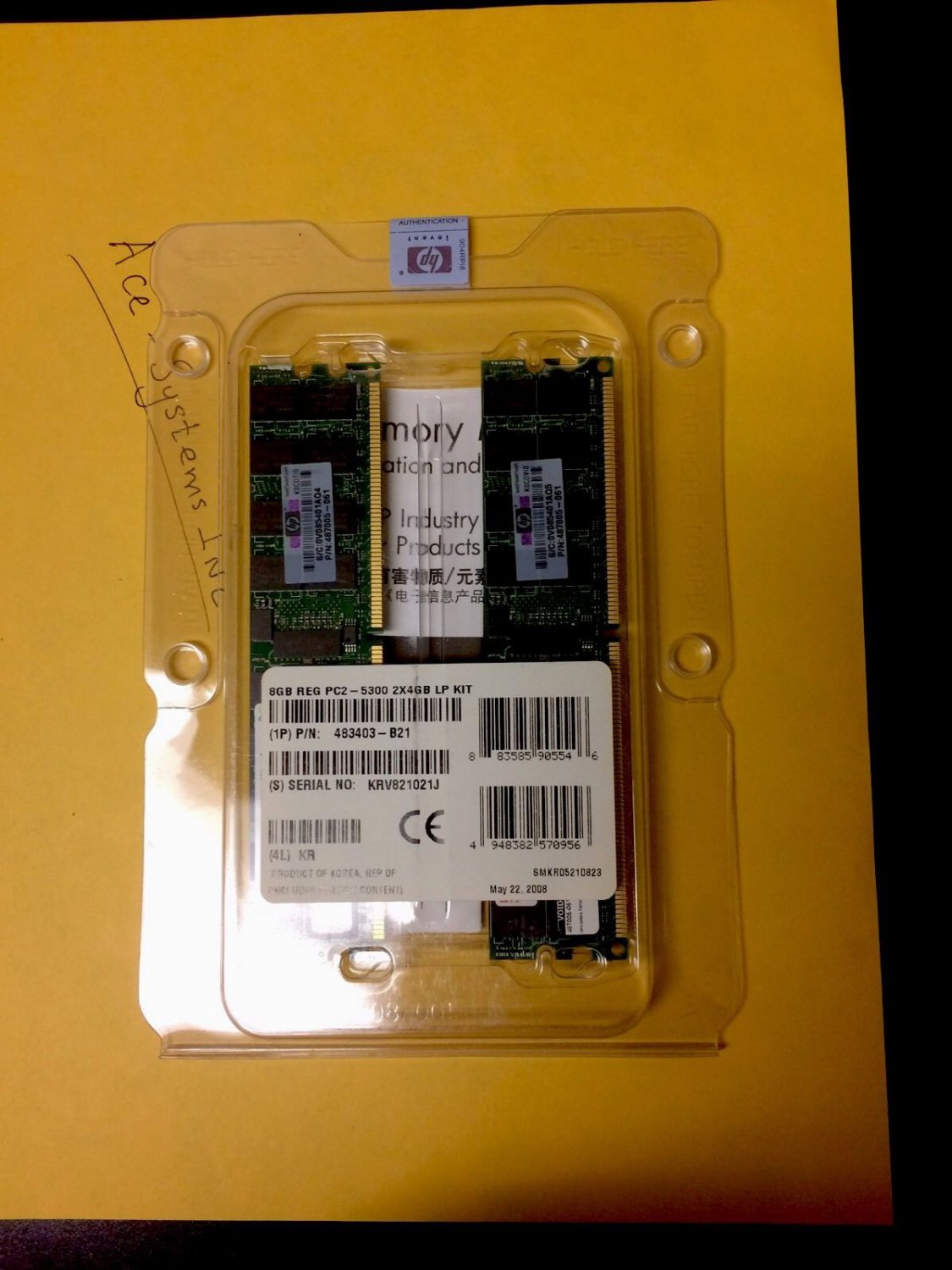 HP 8GB (2x4GB) PC2-5300 LP SDRAM 483403-B21 487005-061 487945-001 Memory Kit F/S
