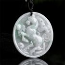 Natural Type A Moss-In-Snow Green Spotted Burmese Jadeite Horse Engraved Round Pendant