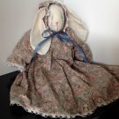 Folk Art Hand Made Spring Bunny Rabbit Primitive Girl Doll Print Dress & Bonnet