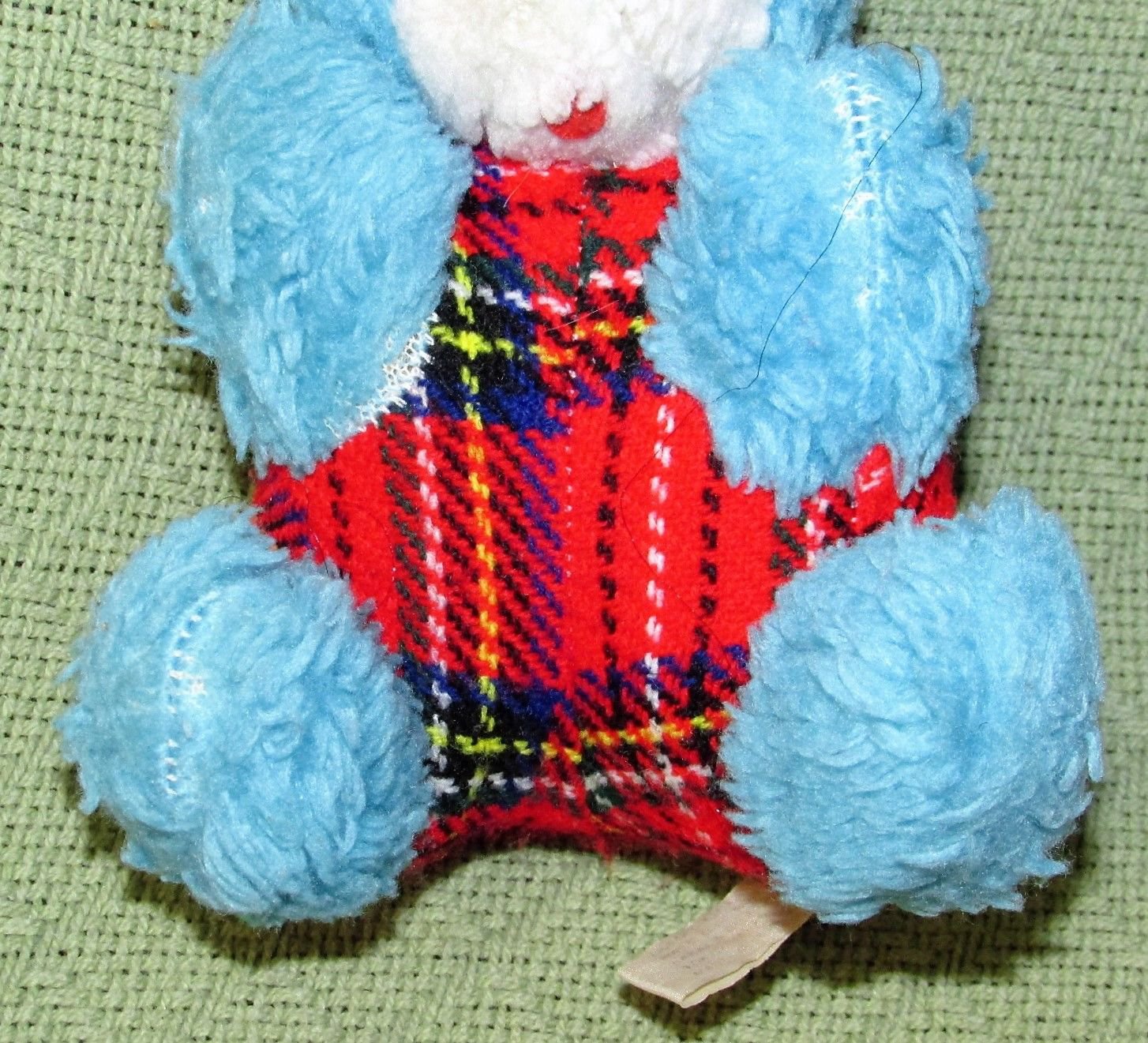 Vintage BLUE TEDDY BEAR RATTLE Plush Stuffed ANimal Baby Toy Red Plaid