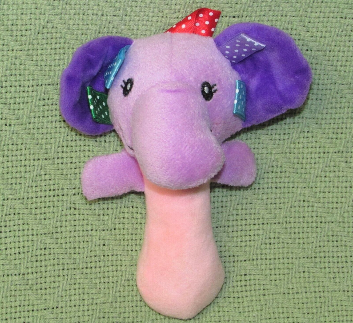 ELEPHANT PLUSH RATTLE STICK HAND CRIB TOY PINK PURPLE 6" WITH COLORFUL ...