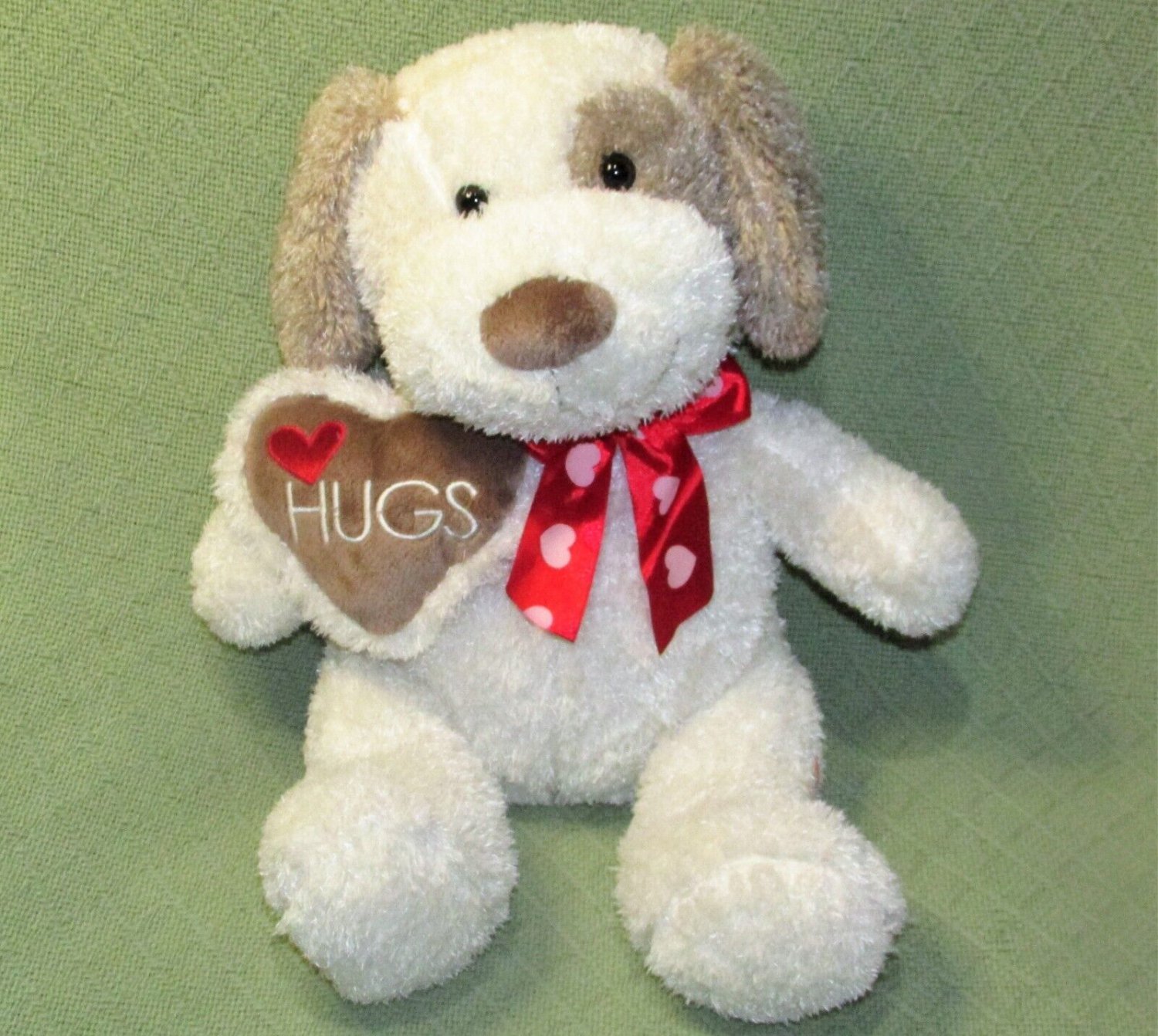 DAN DEE 17" VALENTINE DOG PLUSH IVORY BROWN HEART HUGS RED SATIN RIBBON